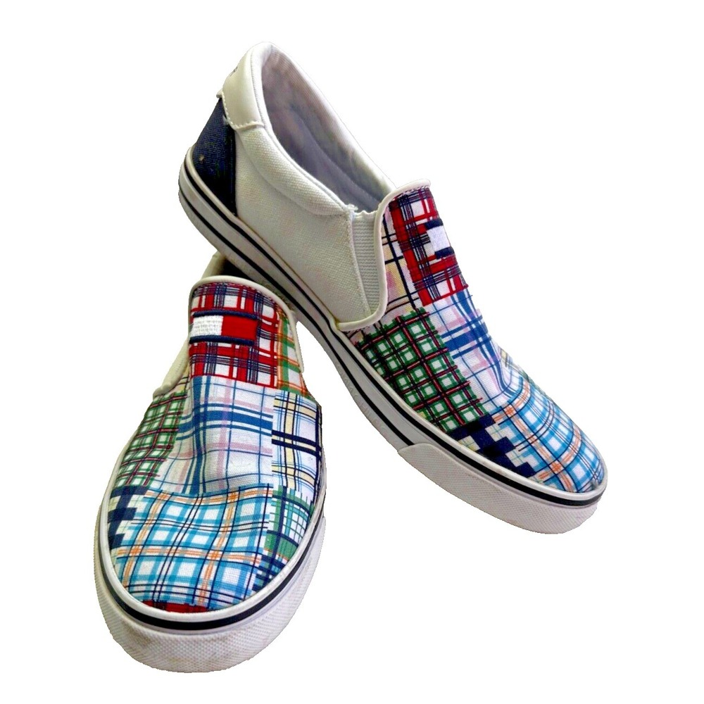 Tommy Hilfiger Oaklyn Plaid Slip On Sneakers Flag Logo Canvas Womens 8.5M Coasta
